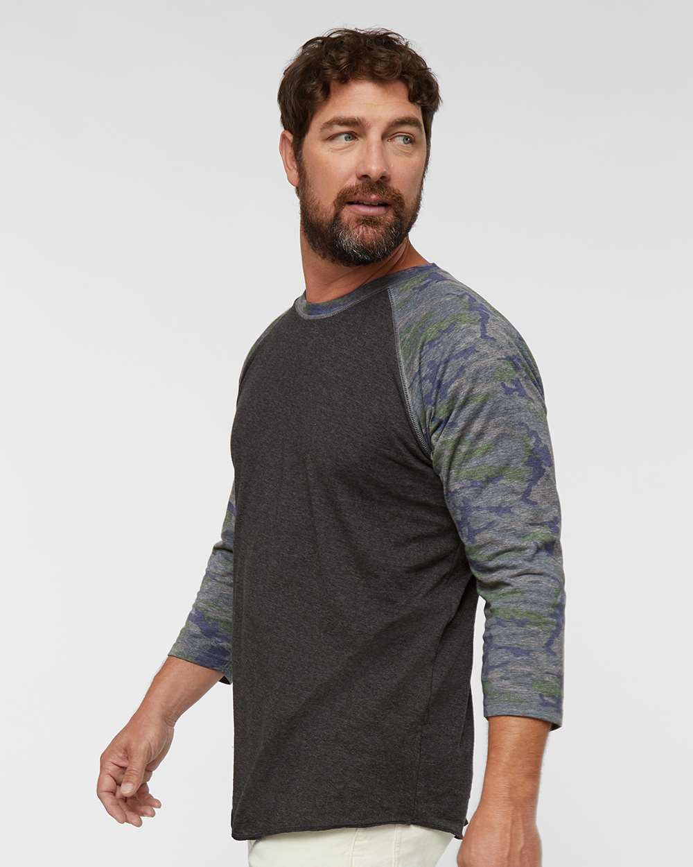 Men's Baseball Fine Jersey Three-Quarter Sleeve Tee - OnModelSide - B04838983 - Vintage Smoke/ Vintage Camo