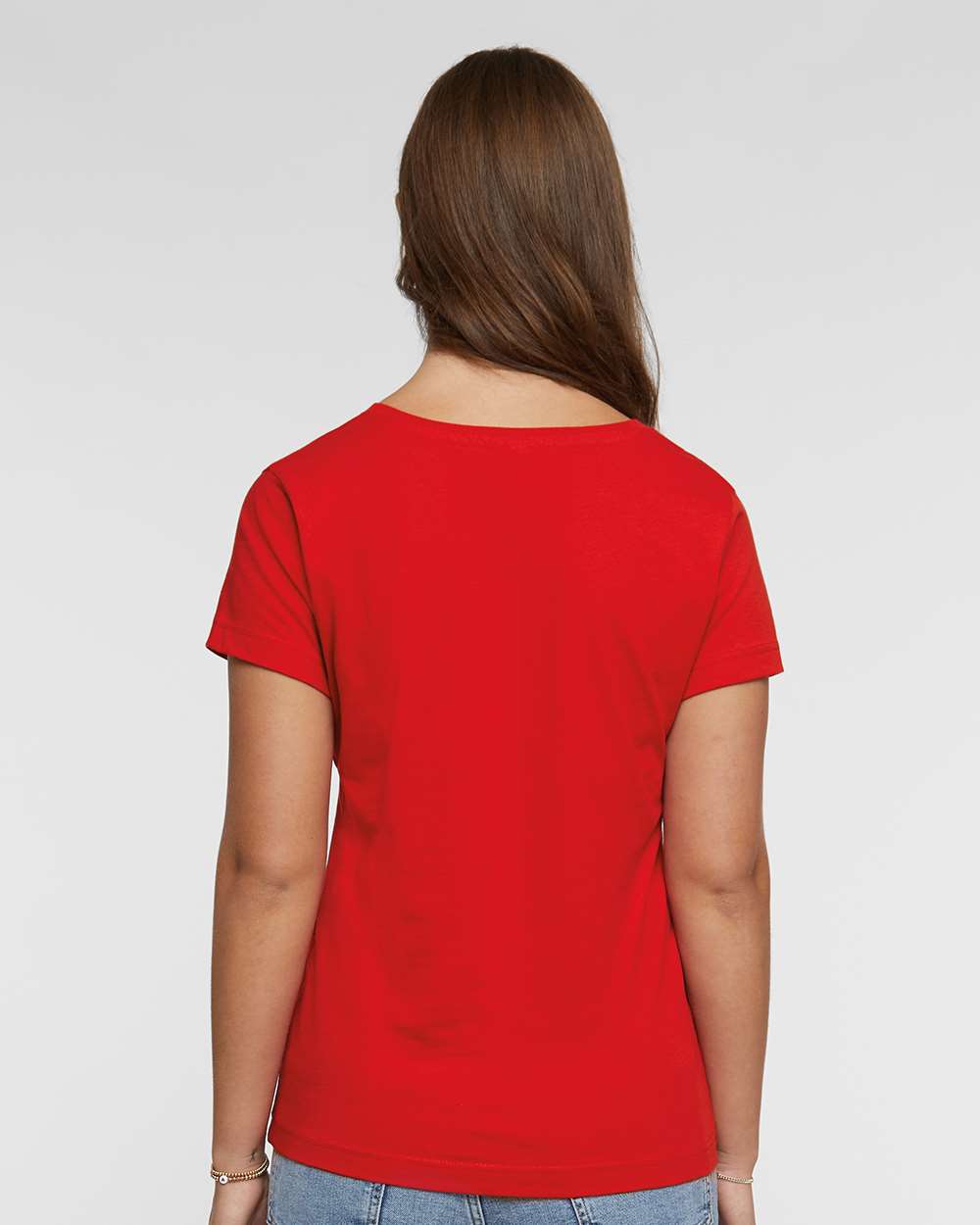 Women's Fine Jersey V-Neck Tee - OnModelBack - B80738702 - Red