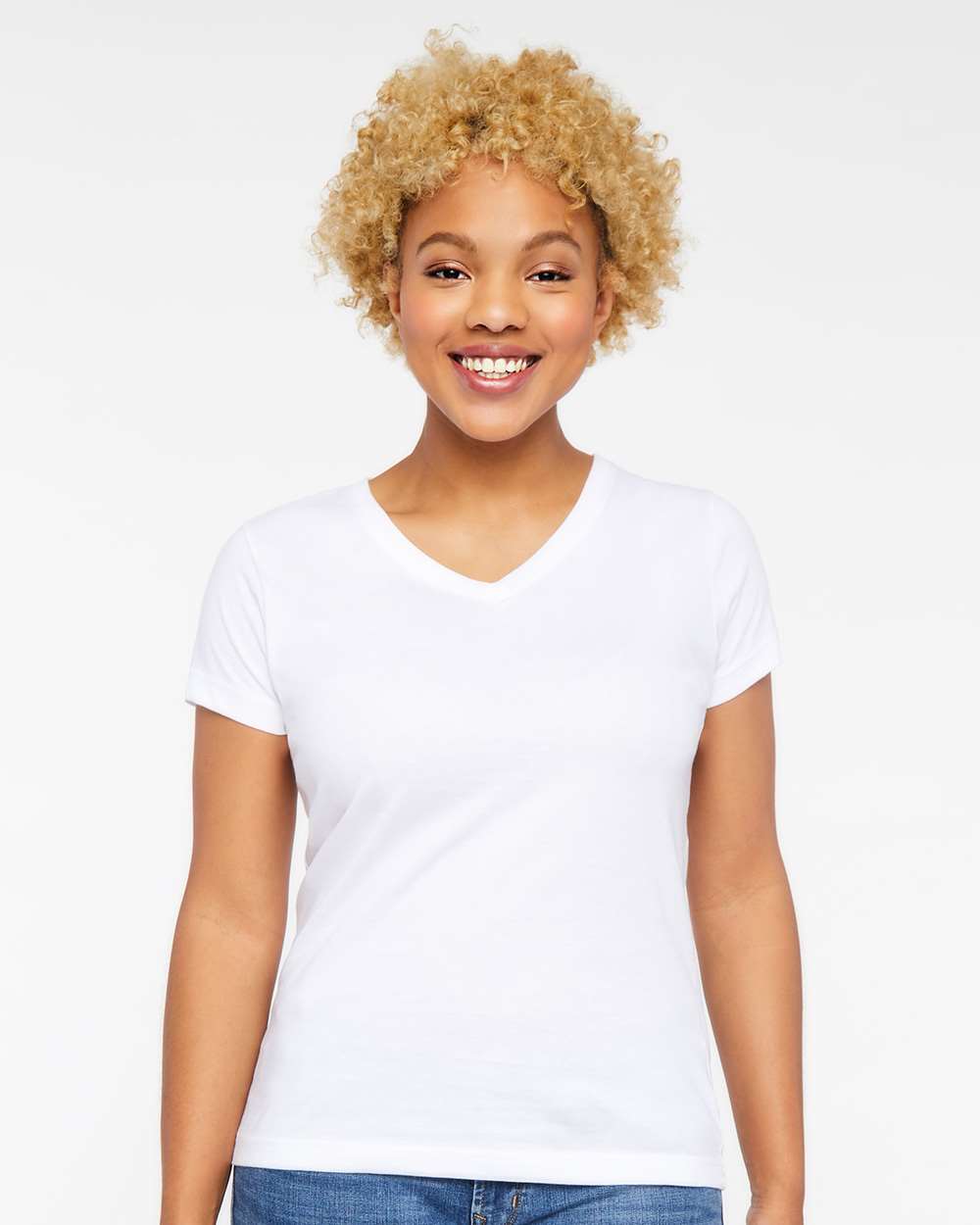 Women's Fine Jersey V-Neck Tee - OnModelFront - B80738002 - White