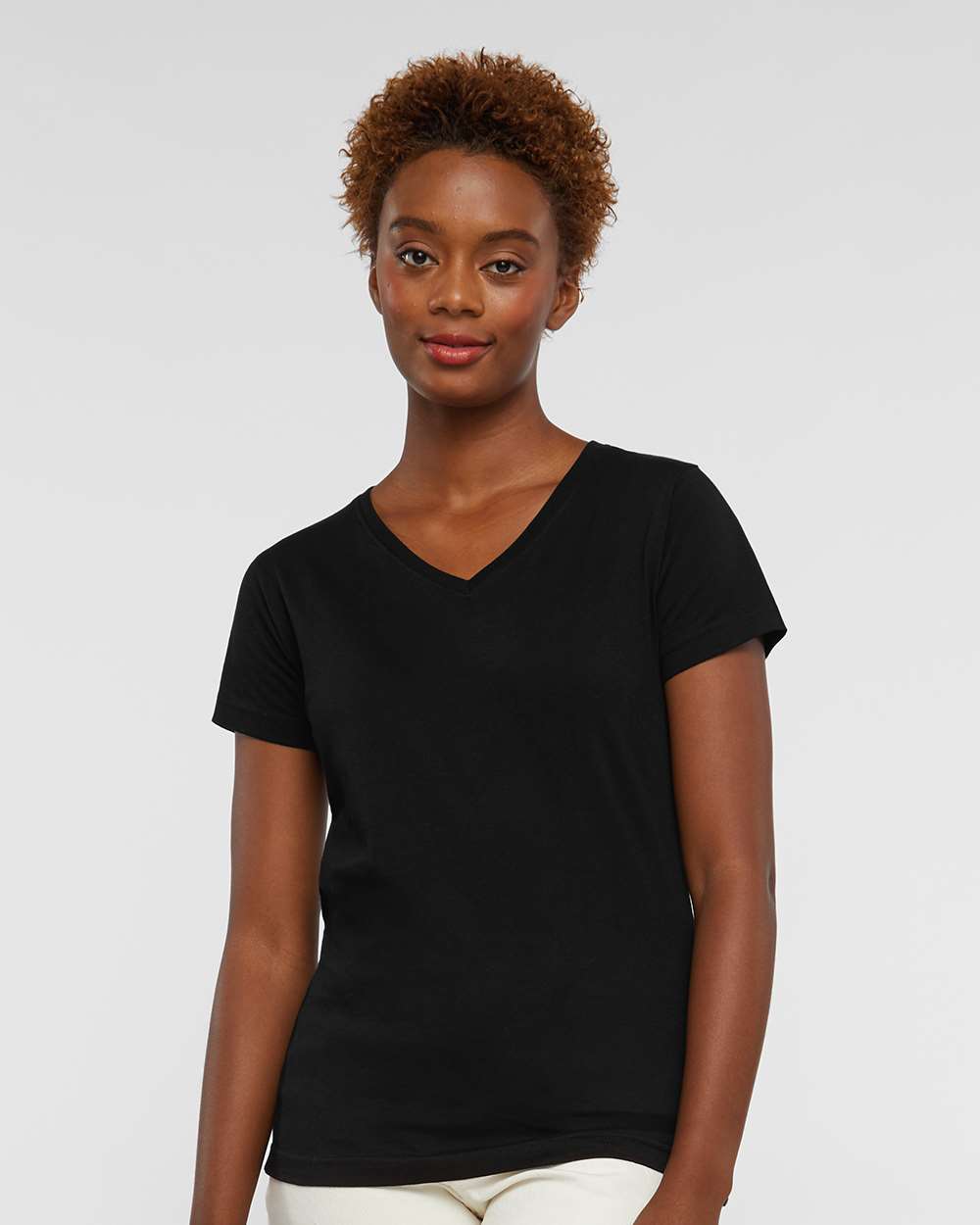Women's Fine Jersey V-Neck Tee - OnModelFront - B80738502 - Black