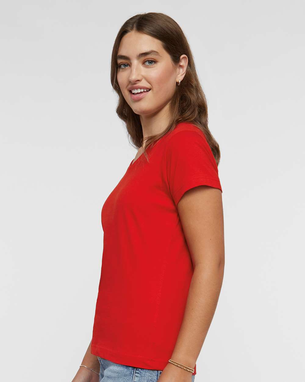 Women's Fine Jersey V-Neck Tee - OnModelSide - B80738702 - Red