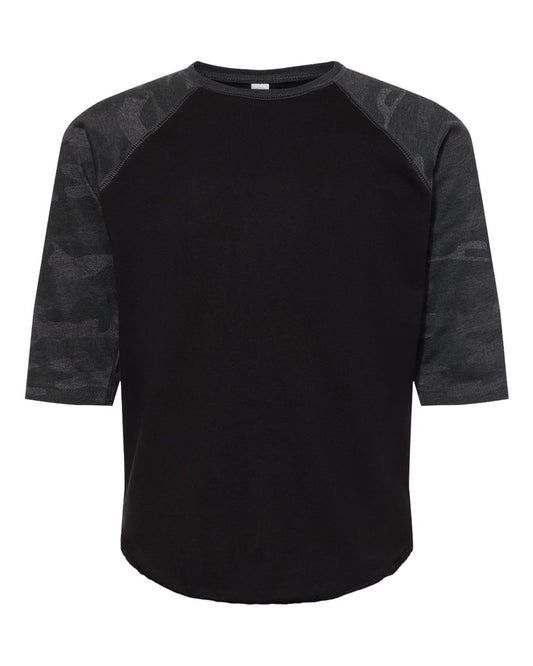Youth Baseball Fine Jersey Three-Quarter Sleeve Tee - Front - B82338512 - Black/ Storm Camo