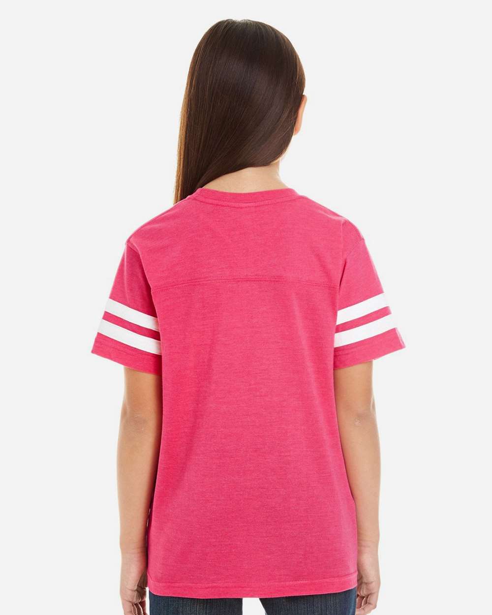 Youth Football Fine Jersey Tee - OnModelBack - B54038312 - Vintage Hot Pink/ White
