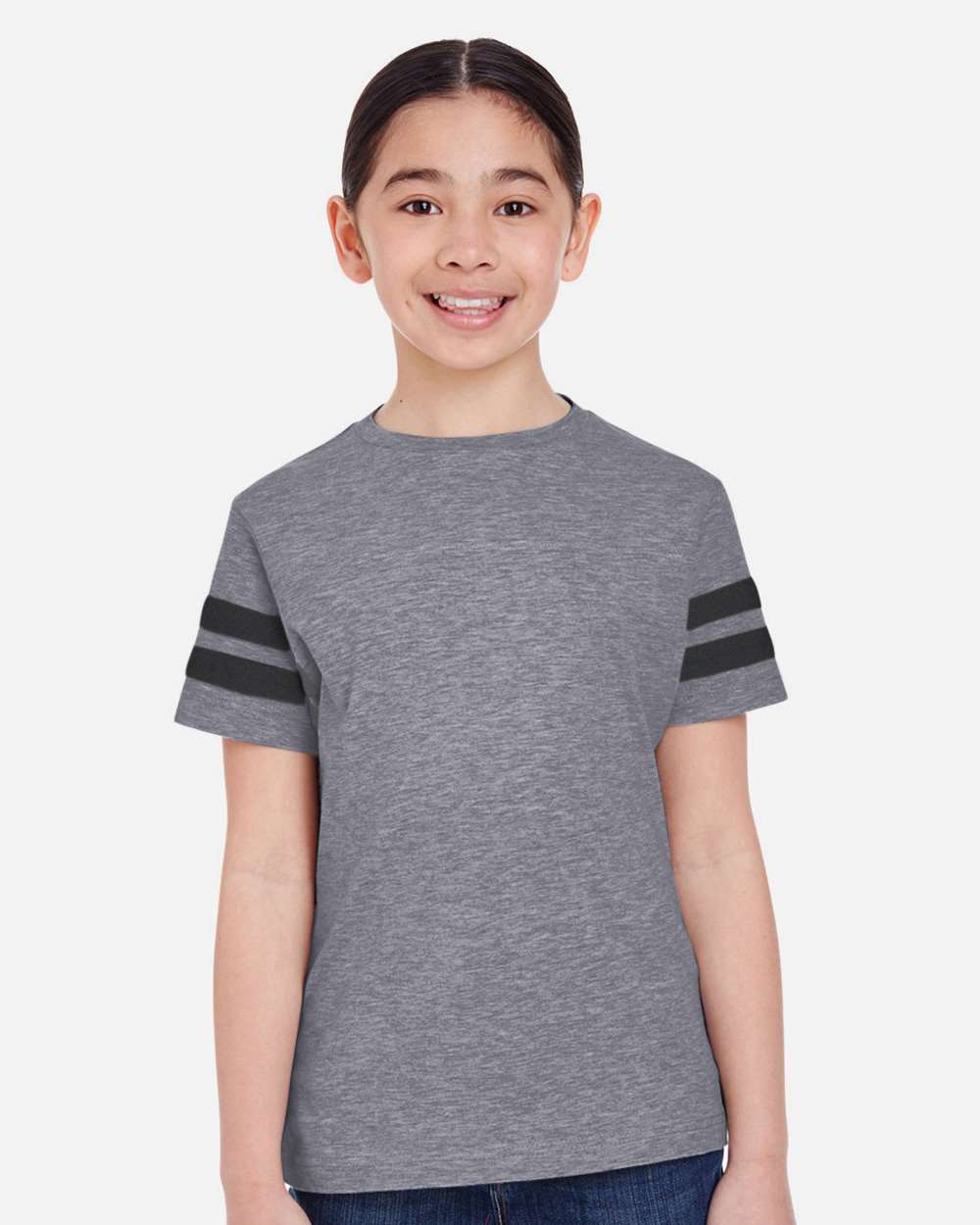 Youth Football Fine Jersey Tee - OnModelFront - B54038122 - Granite Heather/ Vintage Smoke
