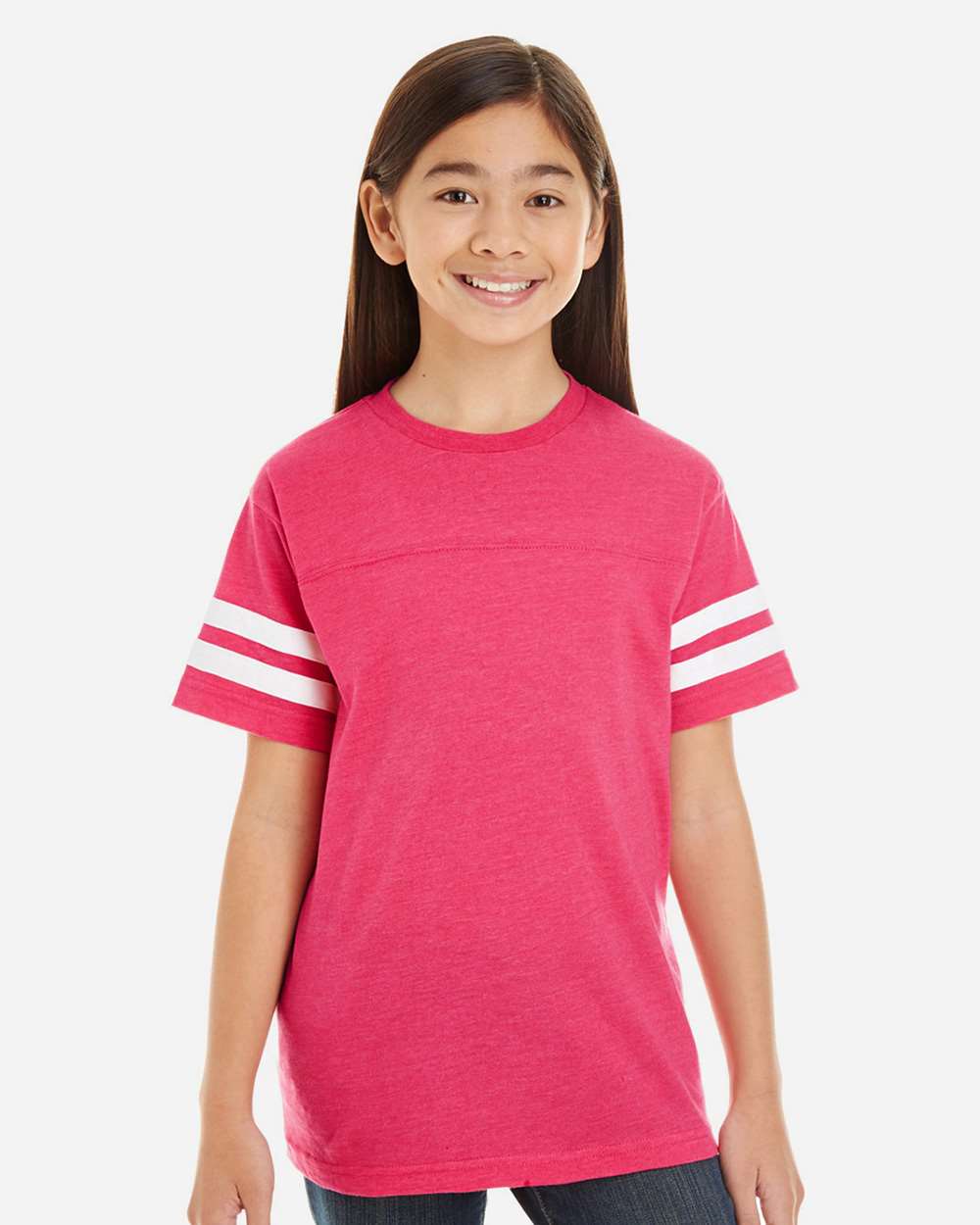 Youth Football Fine Jersey Tee - OnModelFront - B54038312 - Vintage Hot Pink/ White