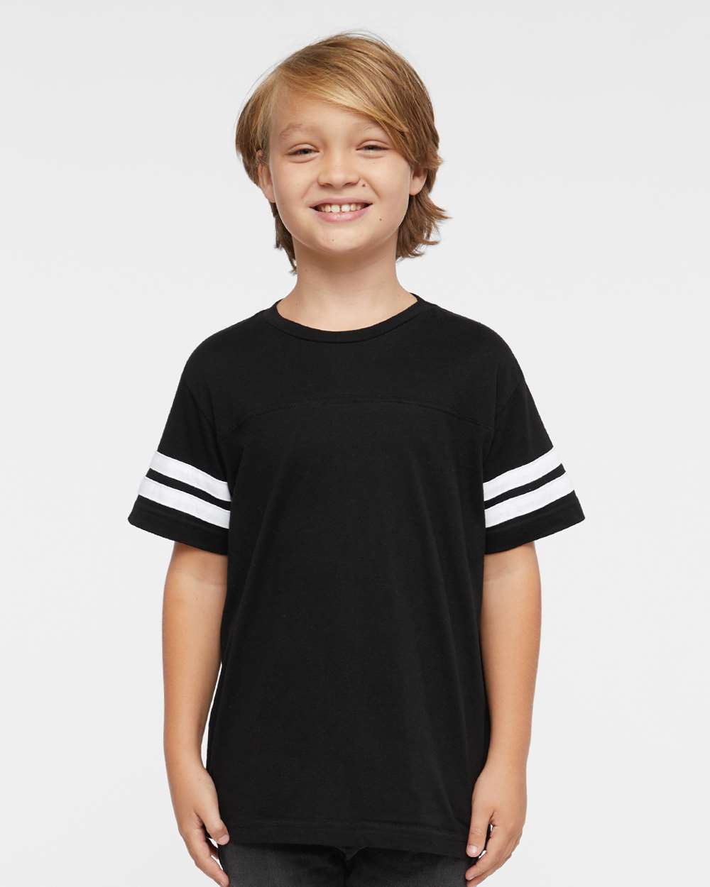 Youth Football Fine Jersey Tee - OnModelFront - B54038502 - Black Solid/ White
