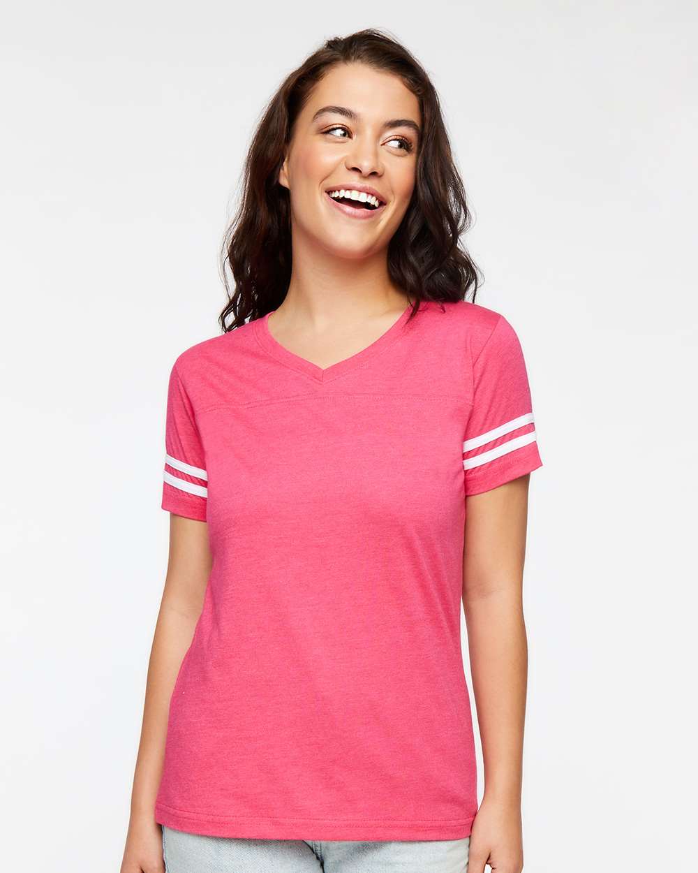 Women's Football V-Neck Fine Jersey Tee - OnModelFront - B54738313 - Vintage Hot Pink/ White