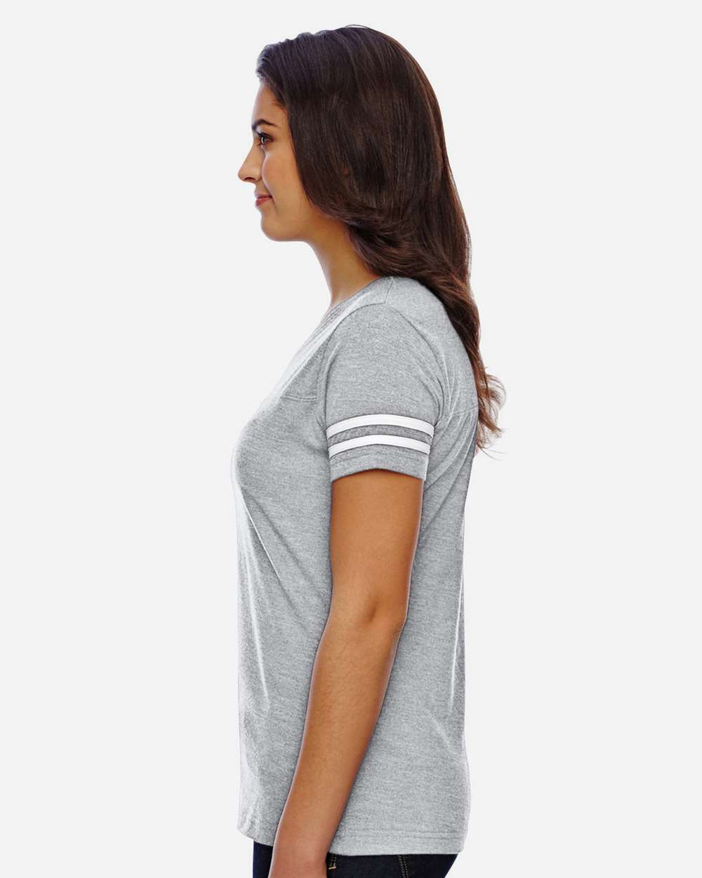 Women's Football V-Neck Fine Jersey Tee - OnModelSide - B54738583 - Vintage Heather/ White