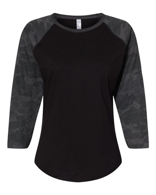 Women's Baseball Fine Jersey Three-Quarter Sleeve Tee - Front - B34838983 - Black/ Storm Camo