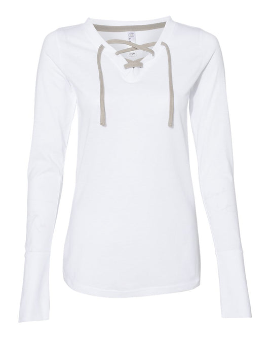 Women's Fine Jersey Lace-Up Long Sleeve T-Shirt - Front - B94238003 - Blended White/ Titanium