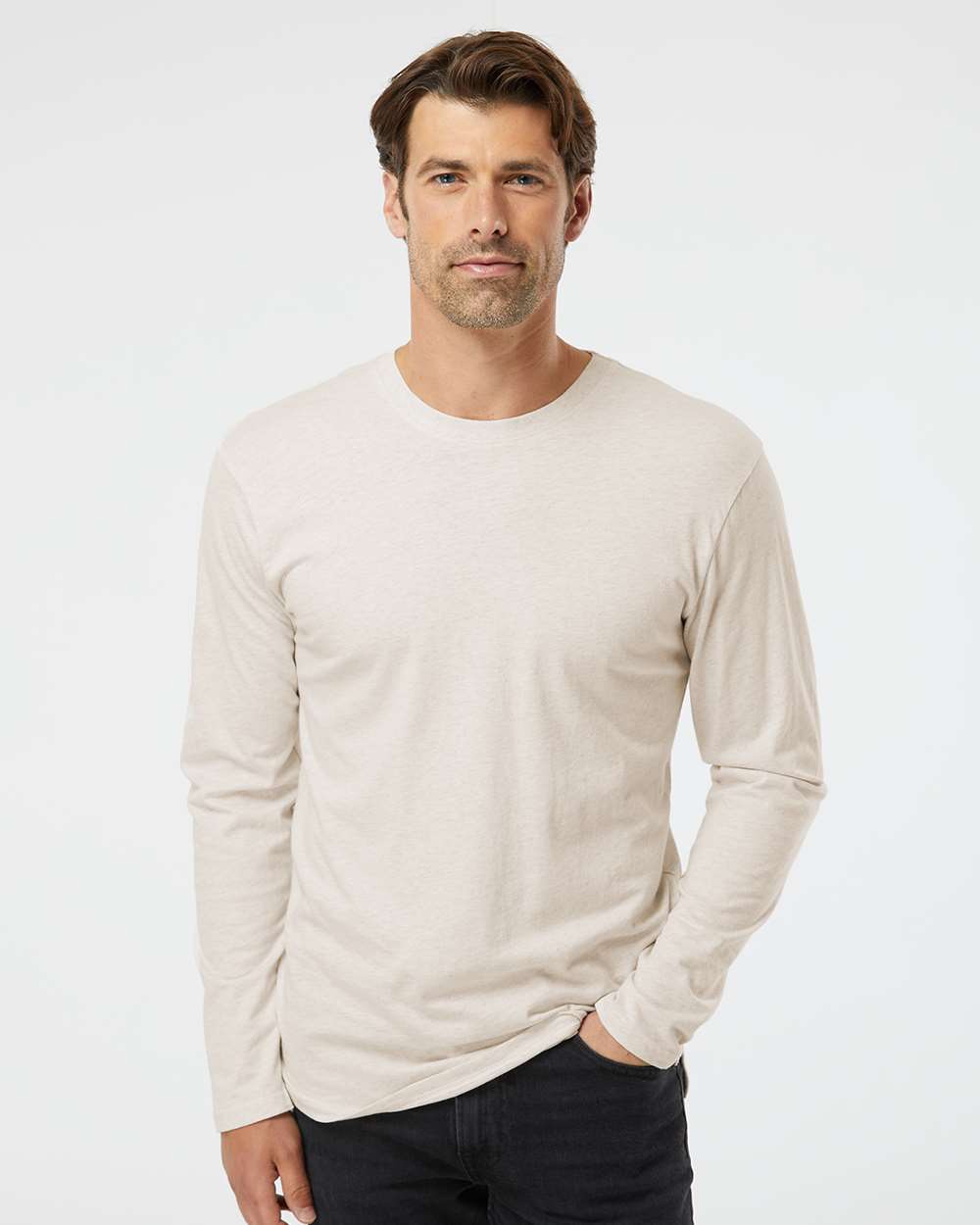 Men's Fine Jersey Long Sleeve Tee - OnModelFront - B96338243 - Natural Heather