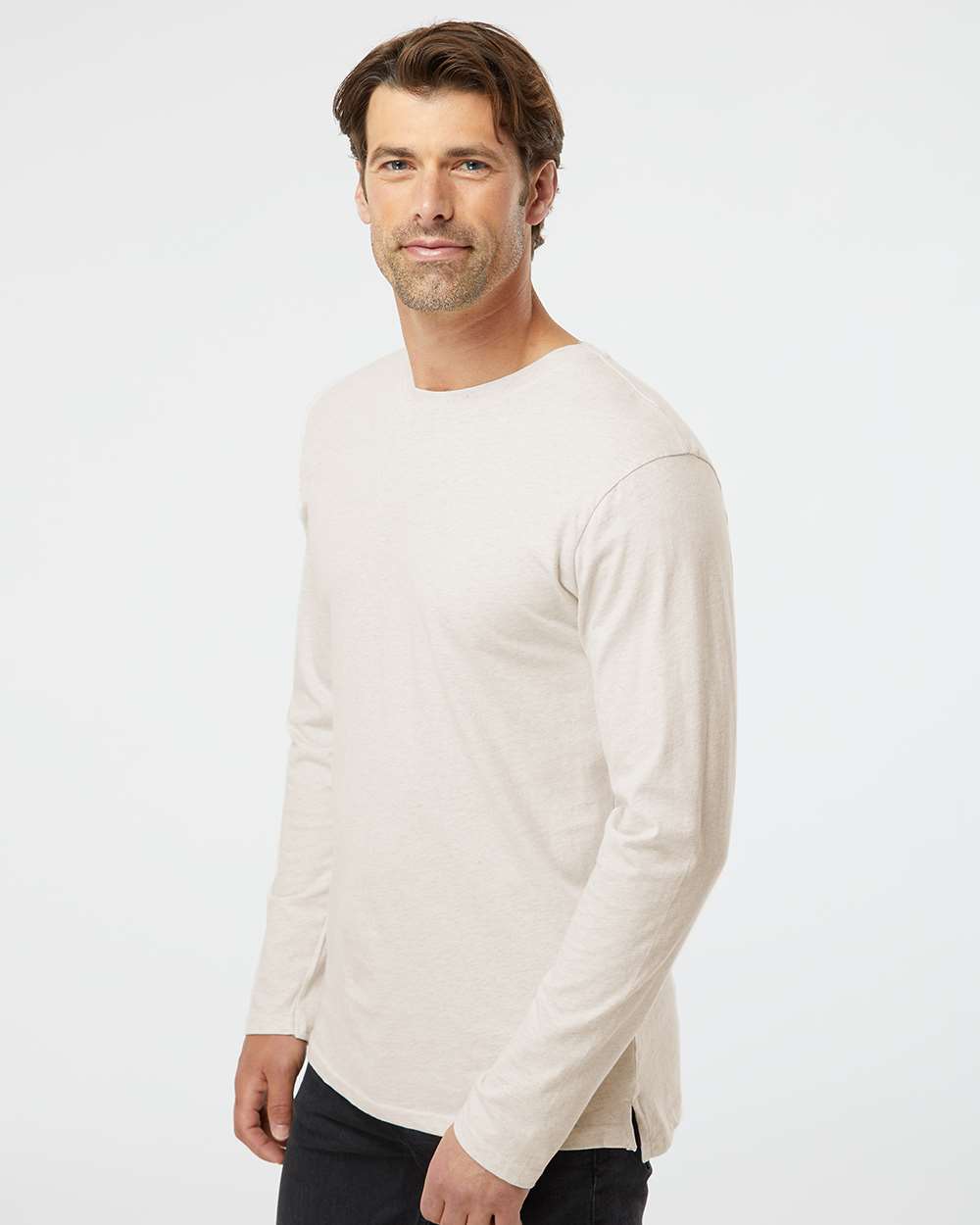 Men's Fine Jersey Long Sleeve Tee - OnModelSide - B96338243 - Natural Heather