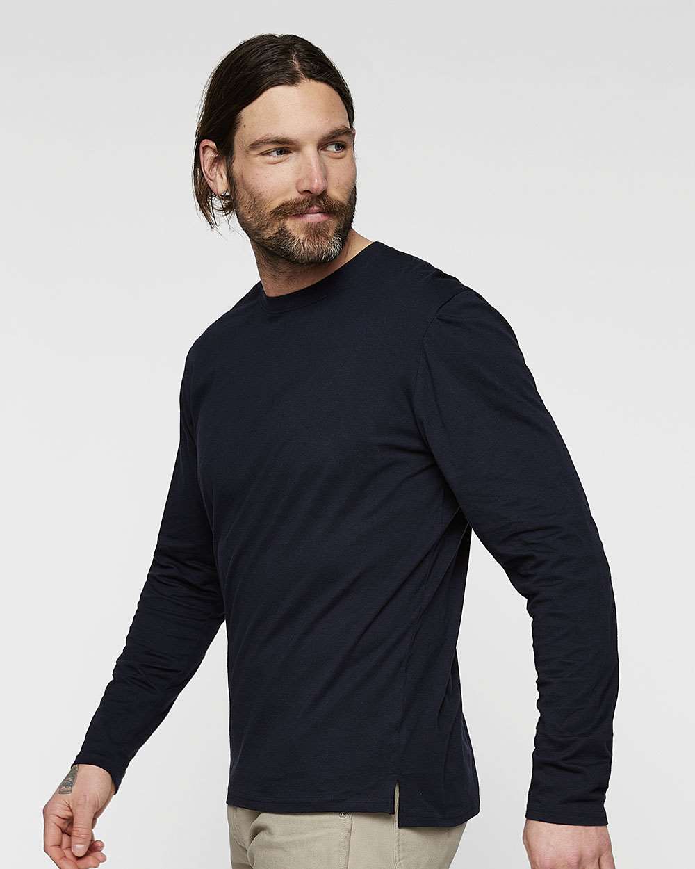 Men's Fine Jersey Long Sleeve Tee - OnModelSide - B96338653 - Navy