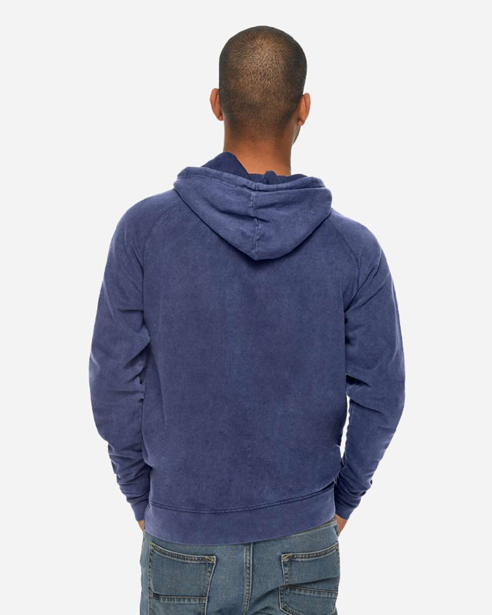 Unisex Vintage Raglan Hooded Sweatshirt - OnModelBack - B502C9652 - Vintage Denim
