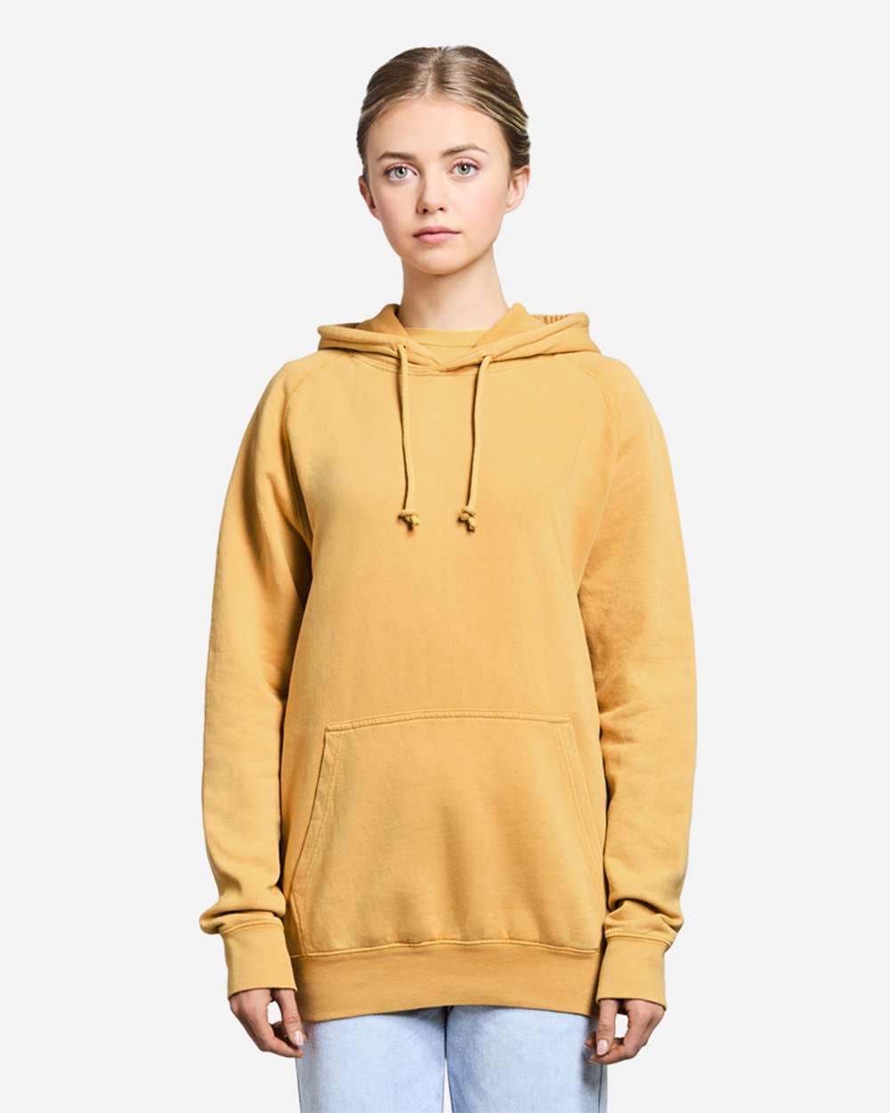Unisex Vintage Raglan Hooded Sweatshirt - OnModelFront - B502C9122 - Vintage Mustard