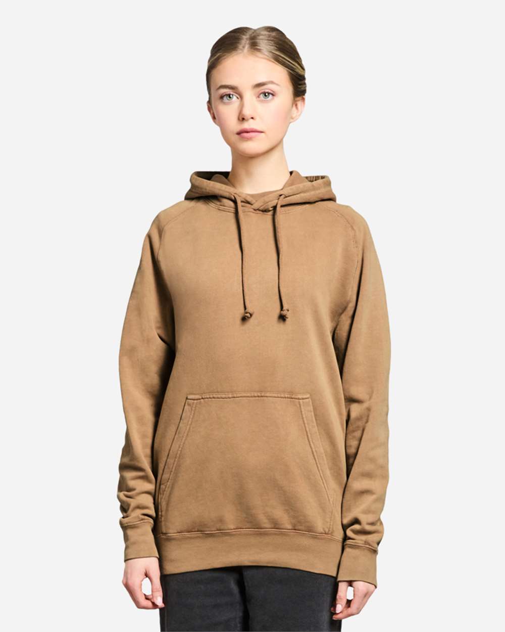 Unisex Vintage Raglan Hooded Sweatshirt - OnModelFront - B502C9612 - Vintage Camel