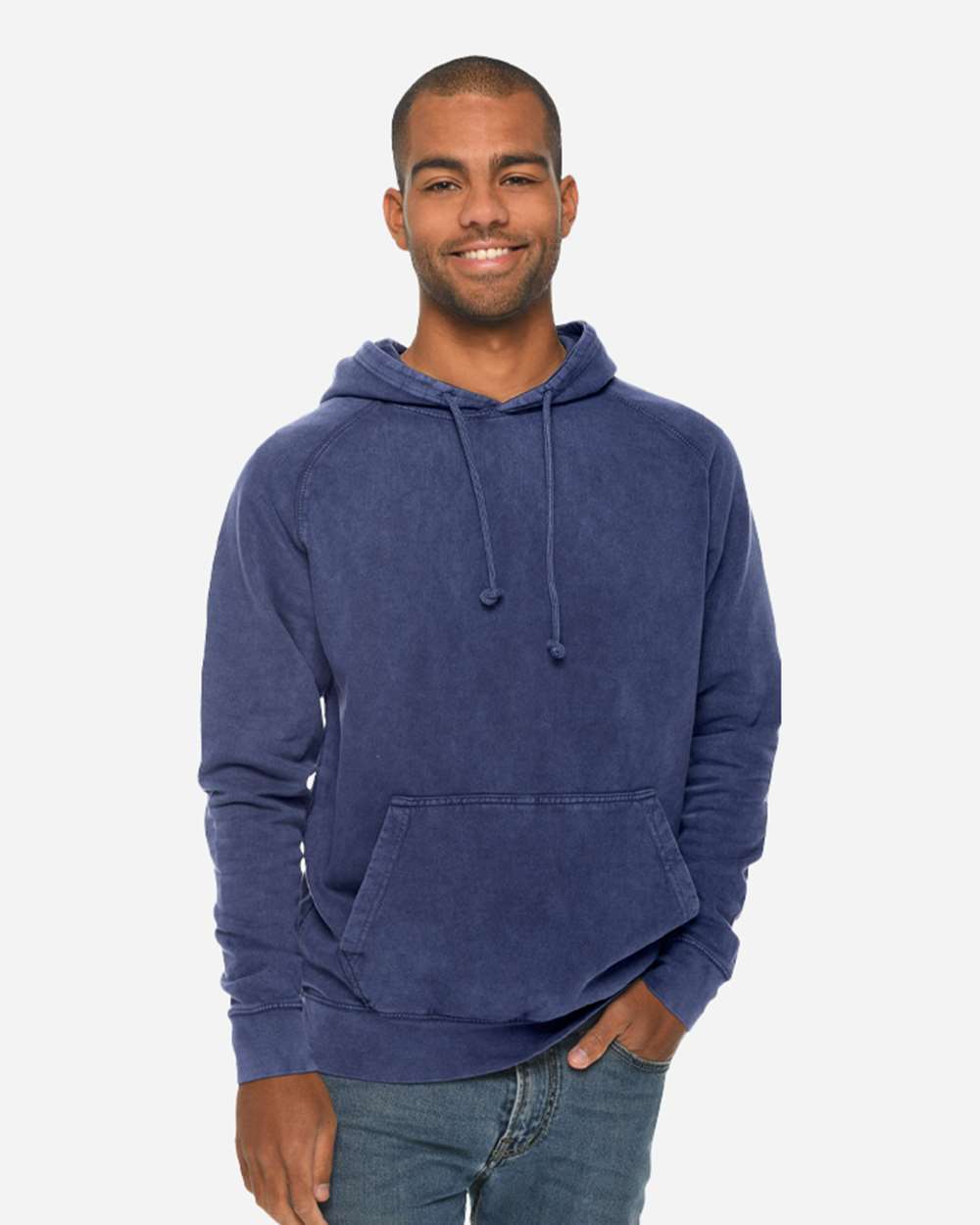 Unisex Vintage Raglan Hooded Sweatshirt - OnModelFront - B502C9652 - Vintage Denim