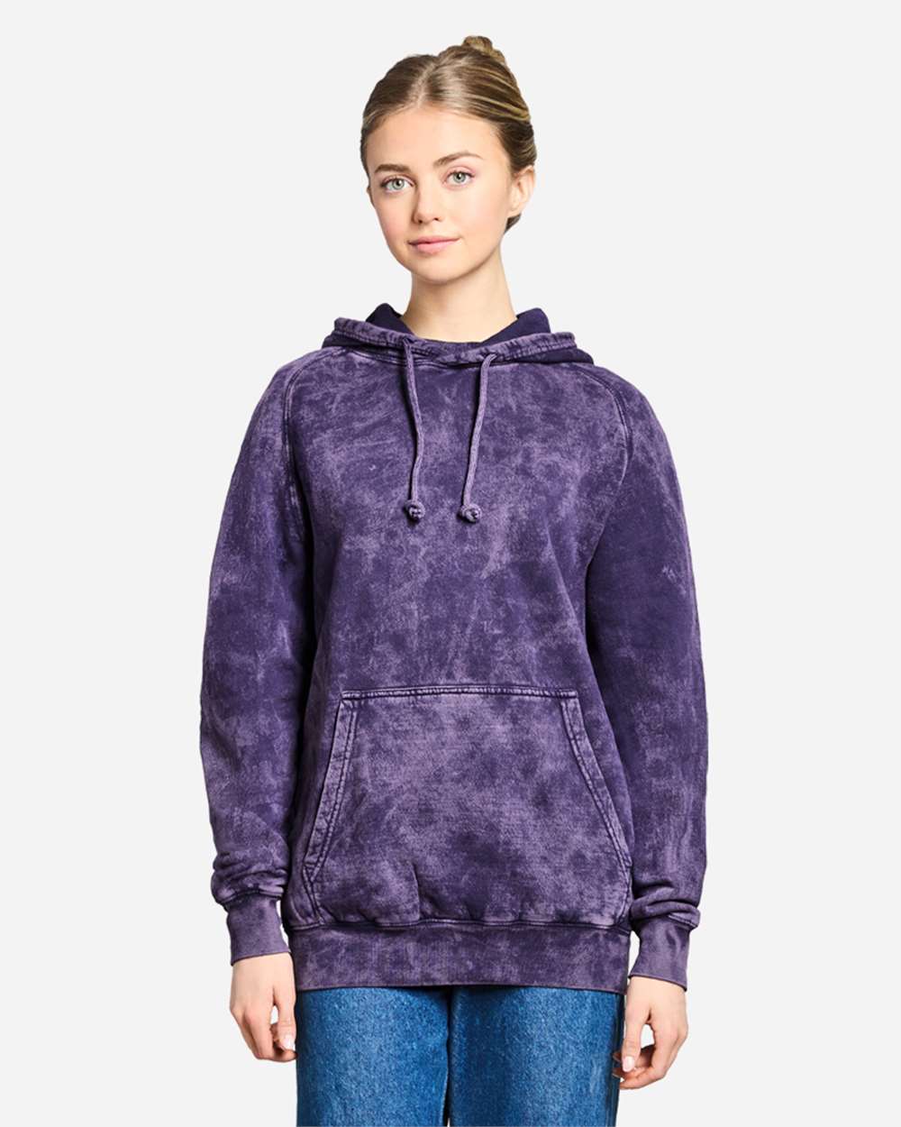 Unisex Vintage Raglan Hooded Sweatshirt - OnModelFront - B502C9672 - Cloud Purple