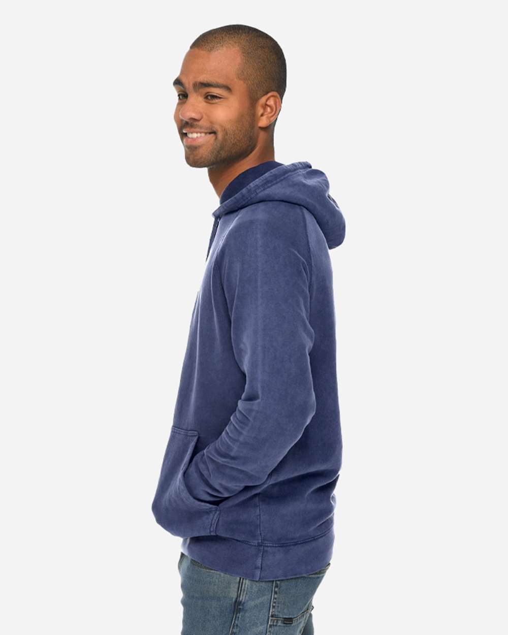 Unisex Vintage Raglan Hooded Sweatshirt - OnModelSide - B502C9652 - Vintage Denim