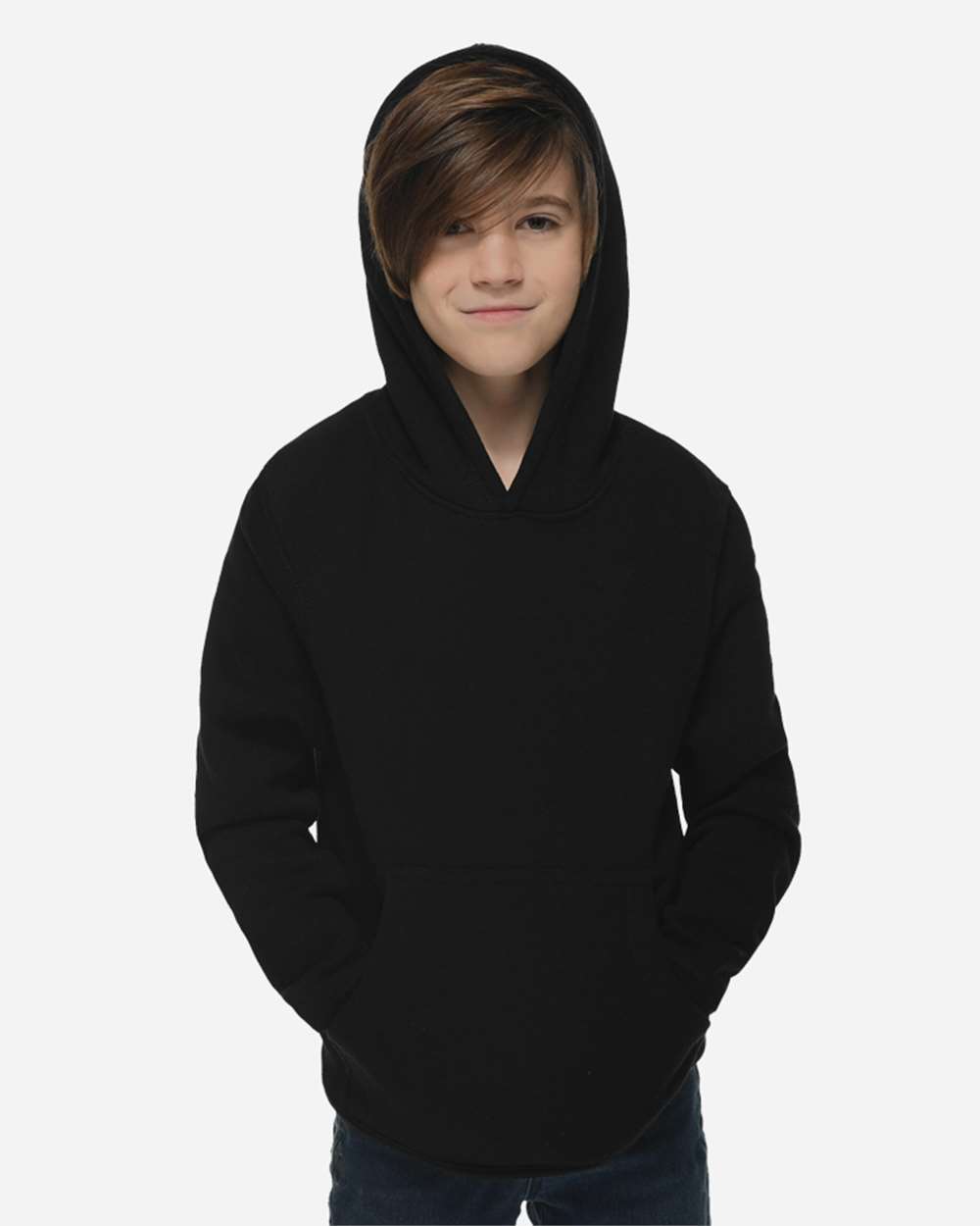 Youth Premium Pullover Hooded Sweatshirt - OnModelFront - B490C9502 - Black
