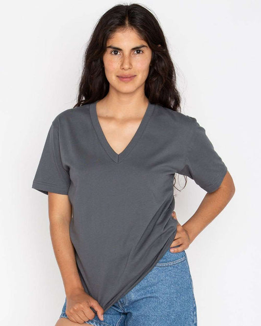 Unisex USA-Made Fine Jersey V-Neck T-Shirt - OnModelFront - B11163092 - Asphalt