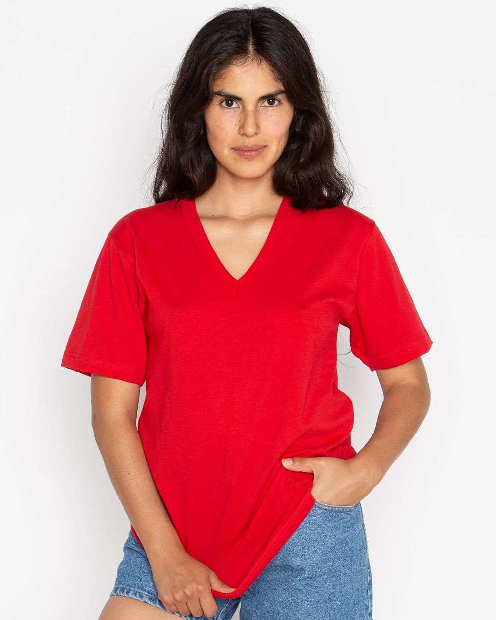 Unisex USA-Made Fine Jersey V-Neck T-Shirt - OnModelFront - B11163702 - Red