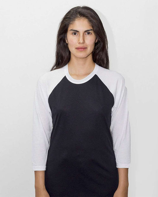 Unisex USA-Made Three-Quarter Sleeve Raglan Baseball T-Shirt - OnModelFront - B12363502 - Black/ White
