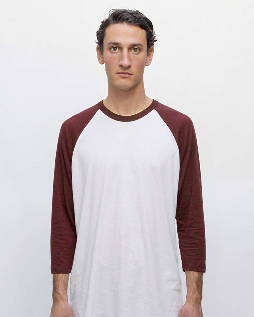 Unisex USA-Made Three-Quarter Sleeve Raglan Baseball T-Shirt - OnModelFront - B12363562 - White/ Truffle