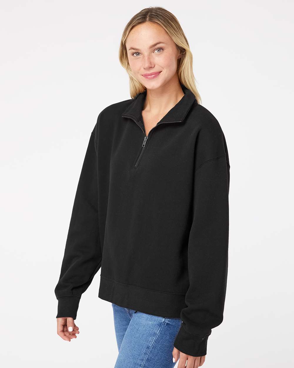 Women's Sueded Fleece Quarter-Zip Sweatshirt - OnModelSide - B11152503 - Black