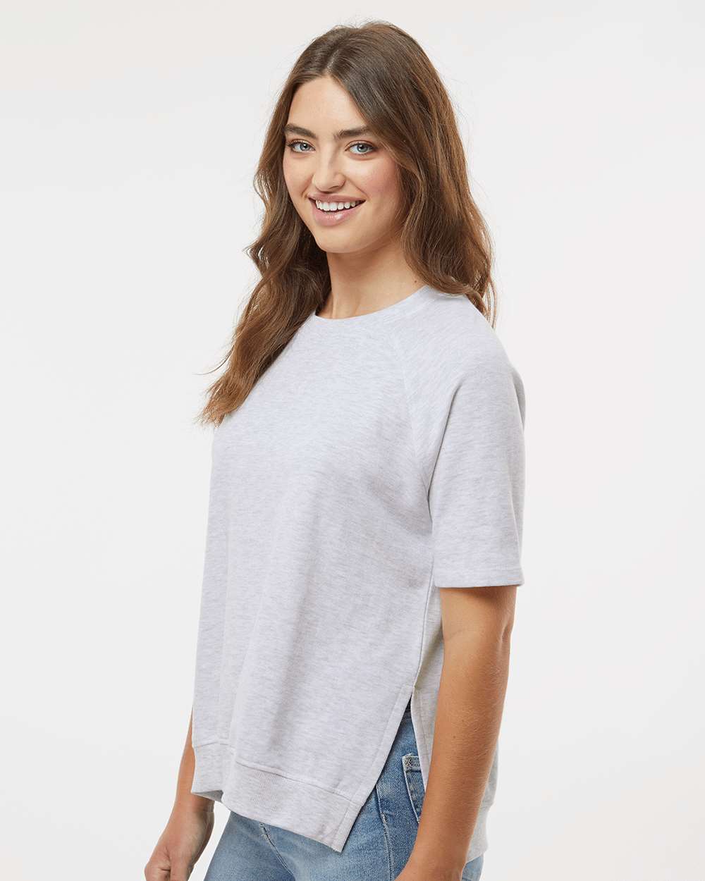 Women's French Terry Short Sleeve Crewneck Sweatshirt - OnModelSide - B14552023 - Ash