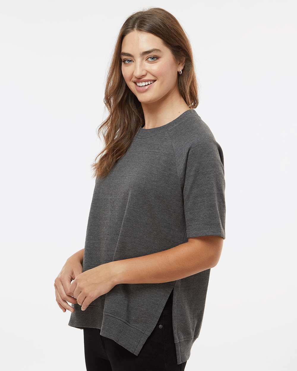 Women's French Terry Short Sleeve Crewneck Sweatshirt - OnModelSide - B14552093 - Charcoal