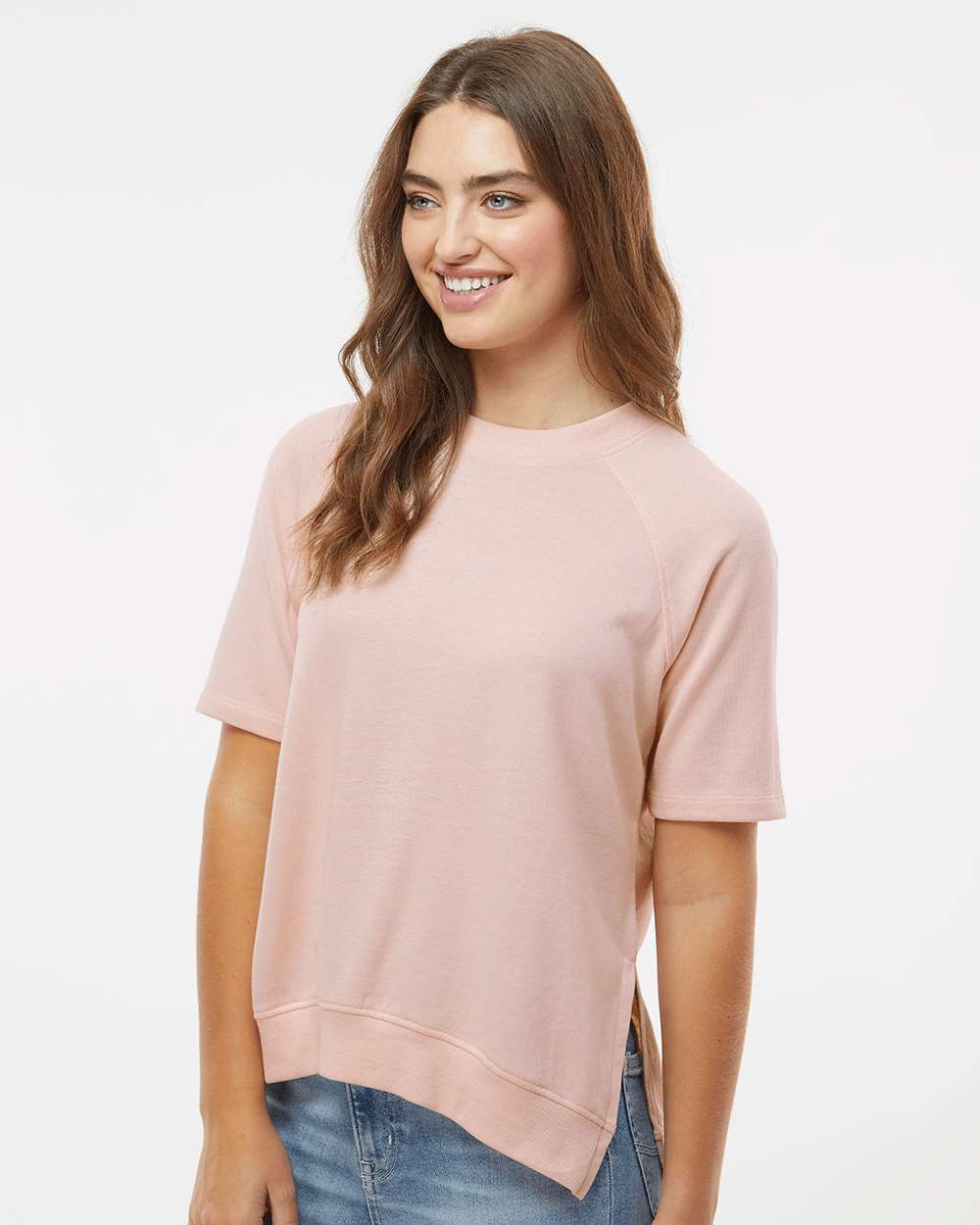 Women's French Terry Short Sleeve Crewneck Sweatshirt - OnModelSide - B14552303 - Cameo Pink