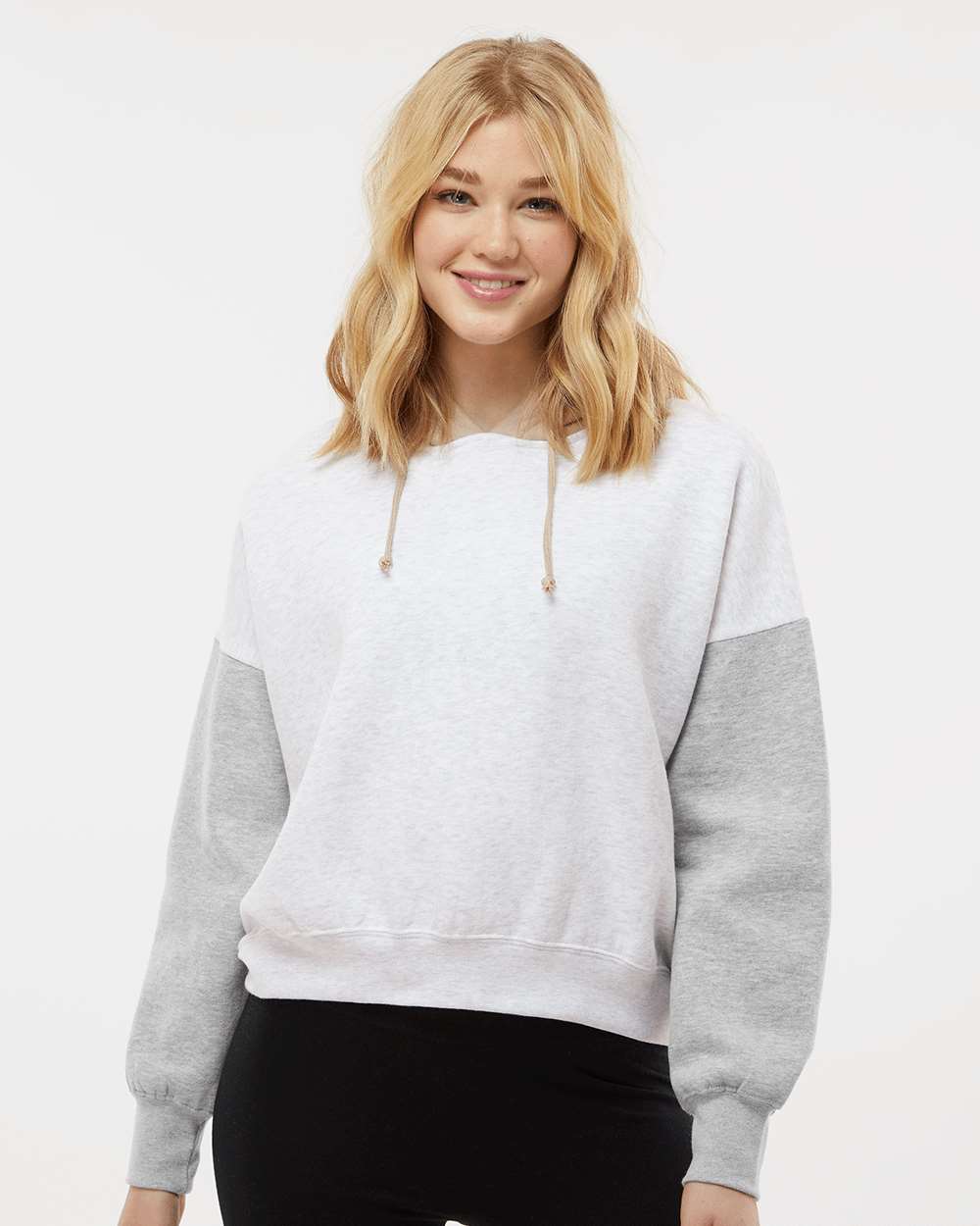 Women's Sueded Fleece Colorblocked Crop Hooded Sweatshirt - OnModelFront - B14652583 - Heather