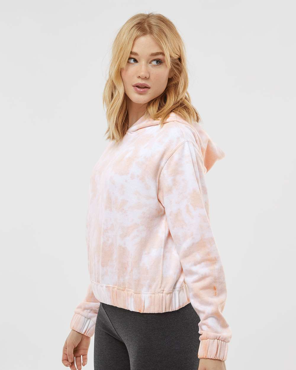 Women's Sueded Fleece Tie-Dyed Crop Hooded Sweatshirt - OnModelSide - B14752303 - Cameo Pink