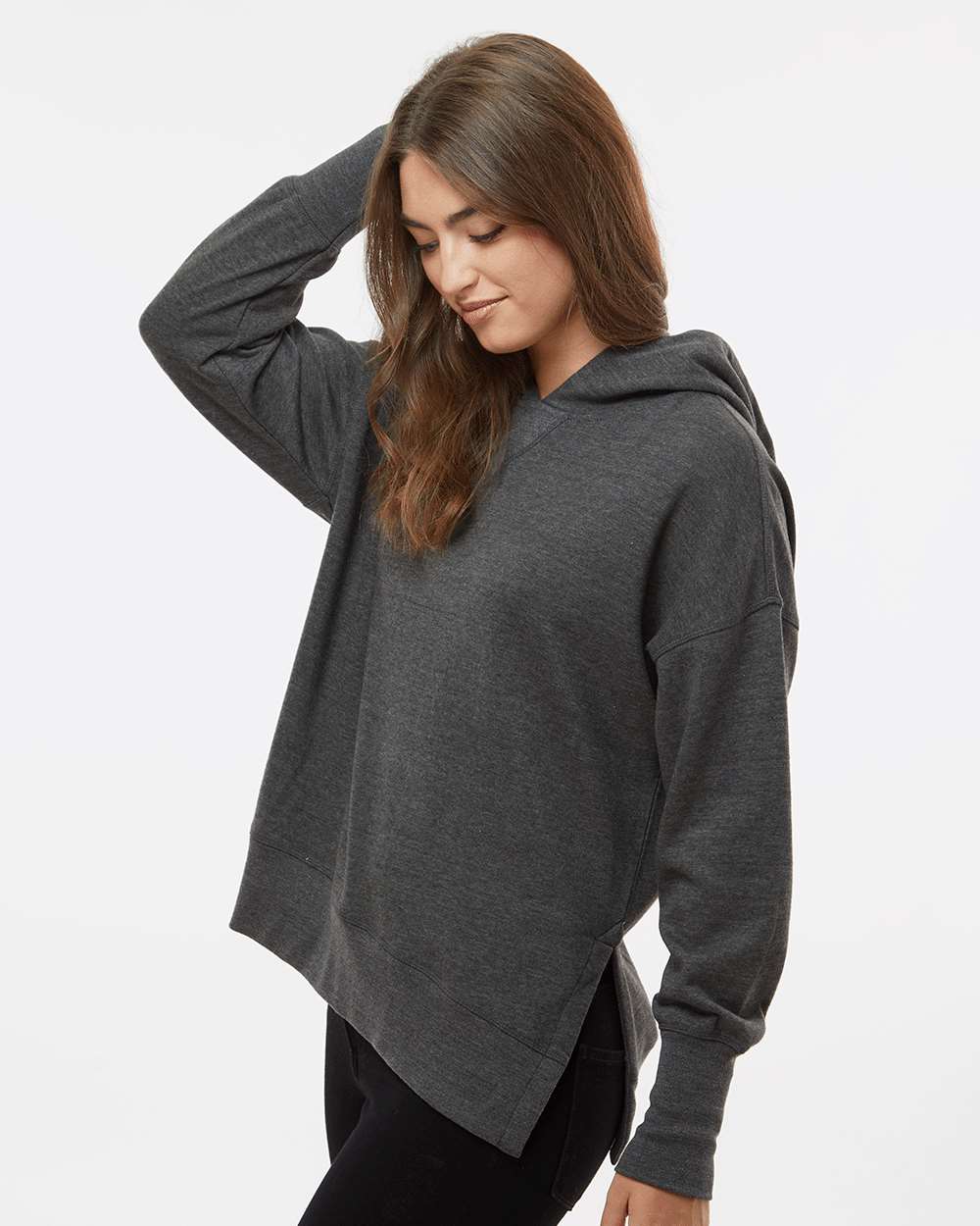 Women's French Terry Hooded Sweatshirt - OnModelSide - B14852093 - Charcoal