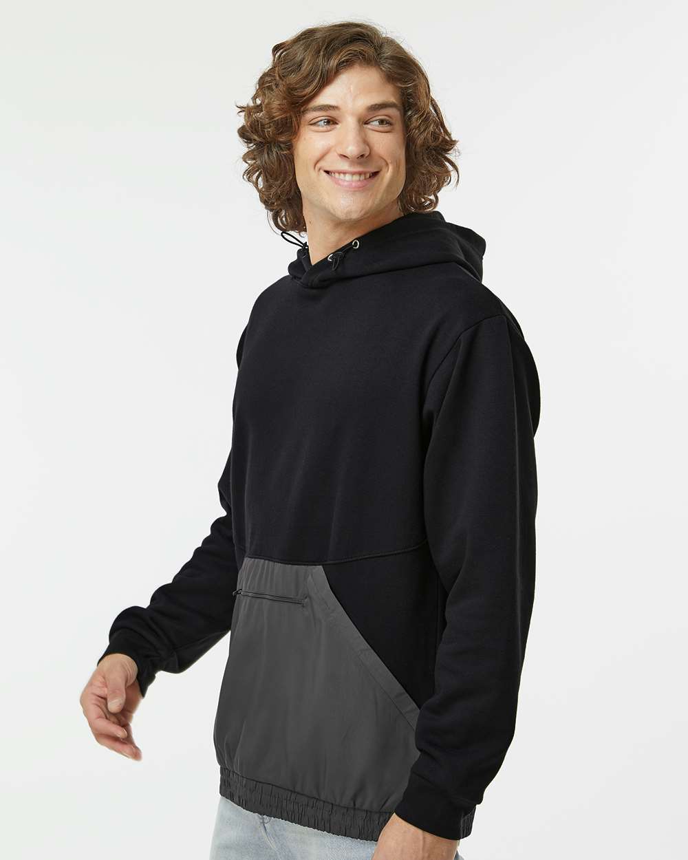 Unisex Mixed Media Hooded Sweatshirt - OnModelSide - B14952543 - Black/ Charcoal