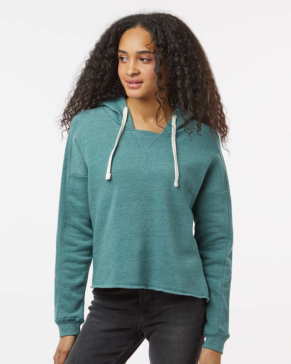 Women's Angel Fleece Crop Hooded Sweatshirt - OnModelFront - B15052543 - Mallard Green