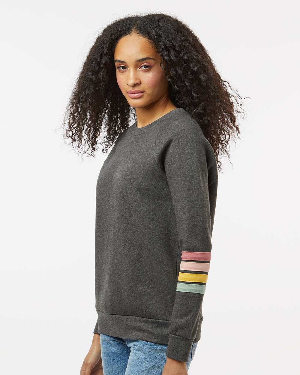 Women's Striped Sleeves Crewneck Sweatshirt - OnModelSide - B15252093 - Charcoal