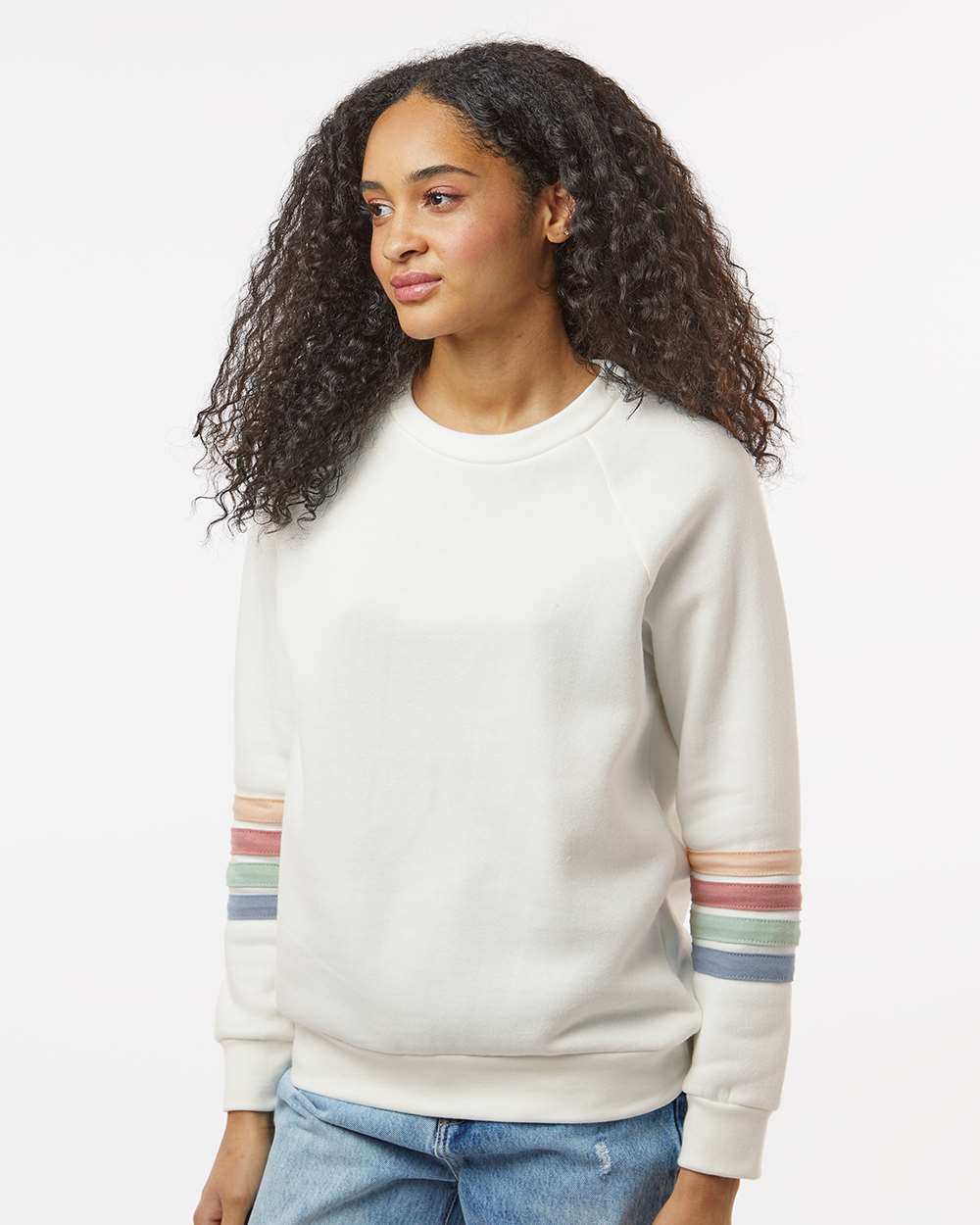 Women's Striped Sleeves Crewneck Sweatshirt - OnModelSide - B15252243 - Ivory
