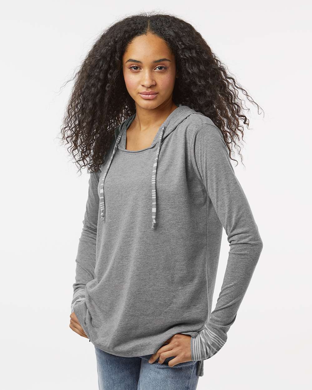 Women's Heathered Jersey Hooded Tunic - OnModelSide - B16552133 - Graphite