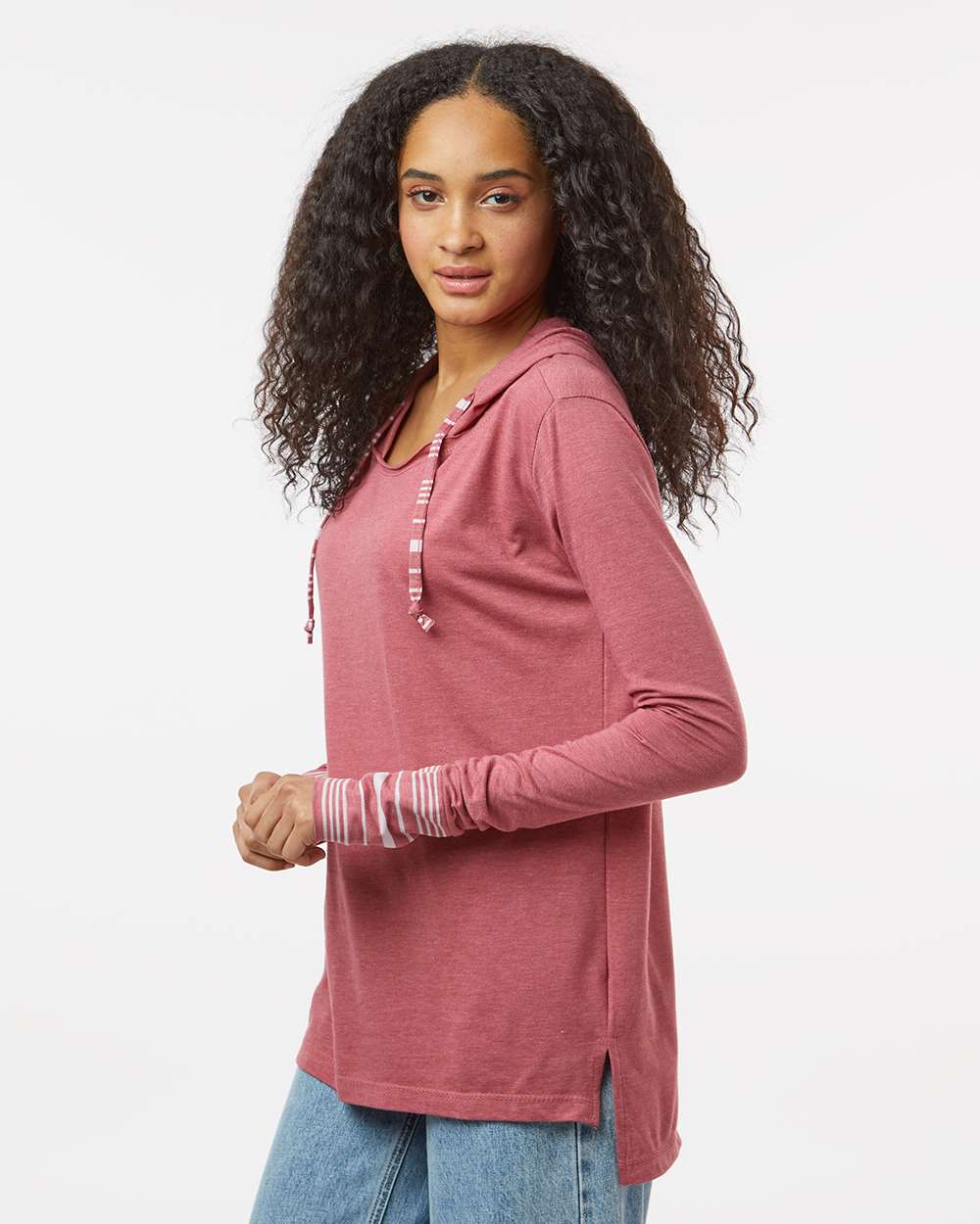 Women's Heathered Jersey Hooded Tunic - OnModelSide - B16552313 - Dusty Rose