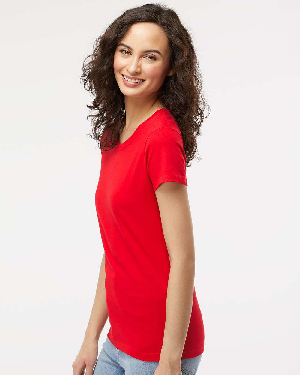 Women's Gold Soft Touch T-Shirt - OnModelSide - B01642702 - Deep Red