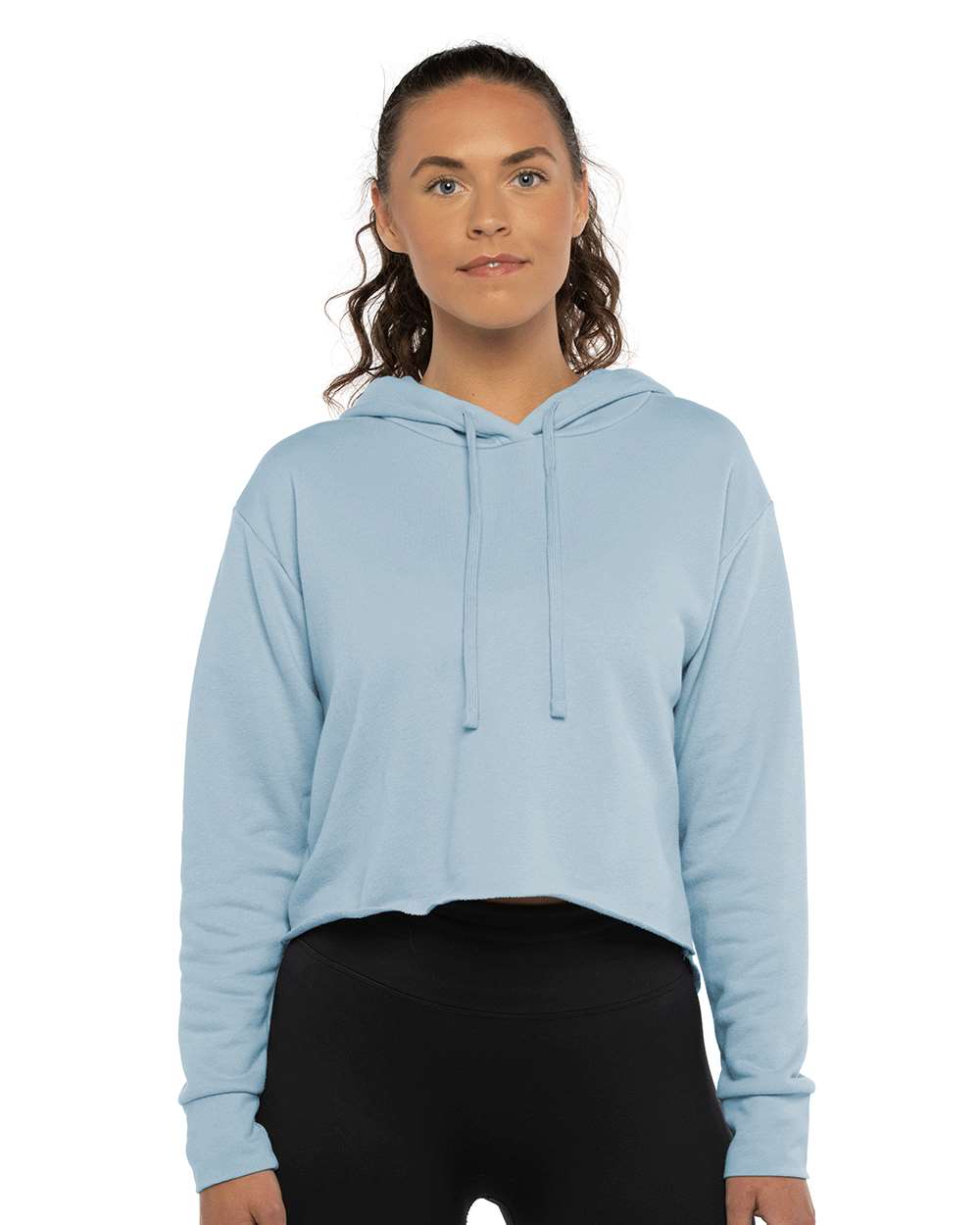 Women's Laguna Sueded Raw Edge Crop Hoodie Sweatshirt - OnModelFront - B03218252 - Stonewash Denim