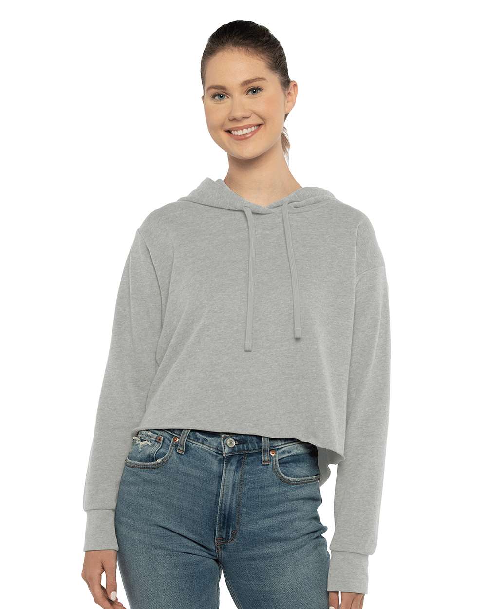 Women's Laguna Sueded Raw Edge Crop Hoodie Sweatshirt - OnModelFront - B03218582 - Heather Grey