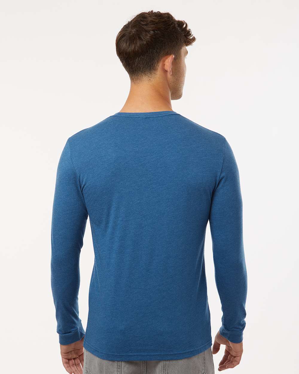 Unisex CVC Long Sleeve T-Shirt - OnModelBack - B03618262 - Heather Cool Blue