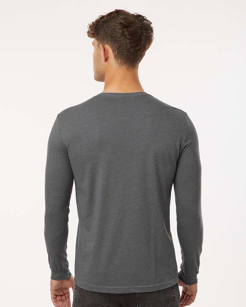 Unisex CVC Long Sleeve T-Shirt - OnModelBack - B03618692 - Heather Heavy Metal