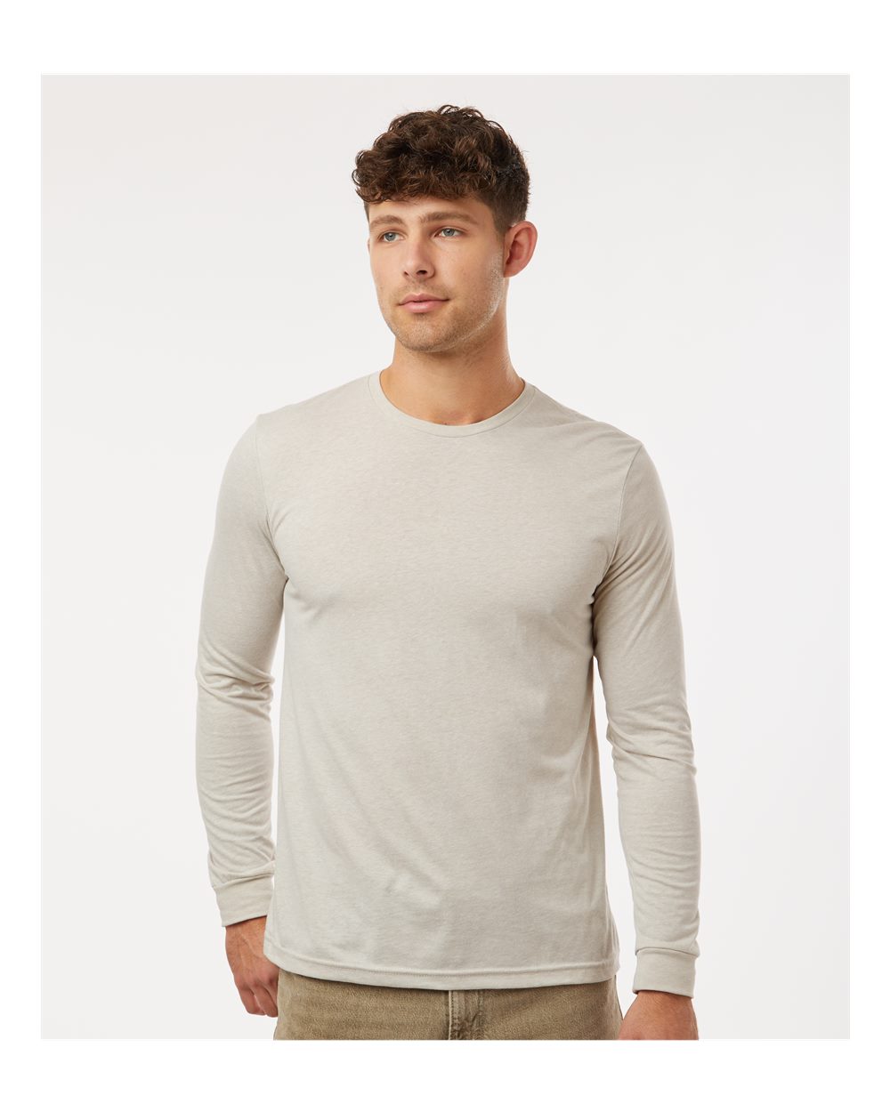 Unisex CVC Long Sleeve T-Shirt - OnModelFront - B03618242 - Sand