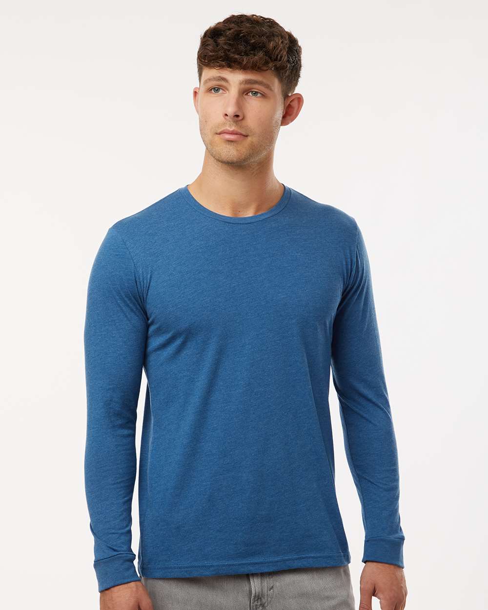Unisex CVC Long Sleeve T-Shirt - OnModelFront - B03618262 - Heather Cool Blue