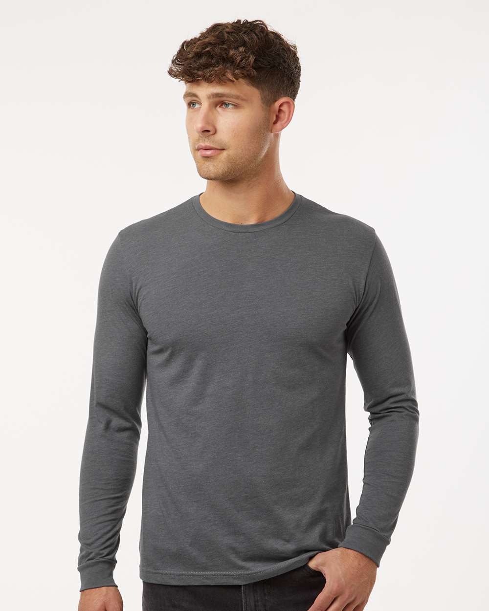 Unisex CVC Long Sleeve T-Shirt - OnModelFront - B03618692 - Heather Heavy Metal