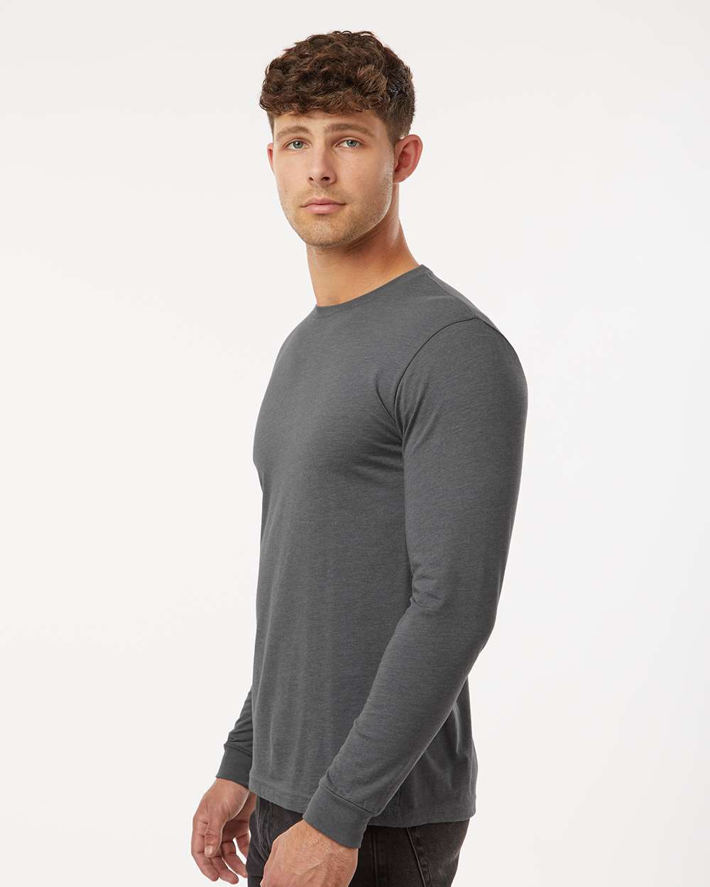 Unisex CVC Long Sleeve T-Shirt - OnModelSide - B03618692 - Heather Heavy Metal
